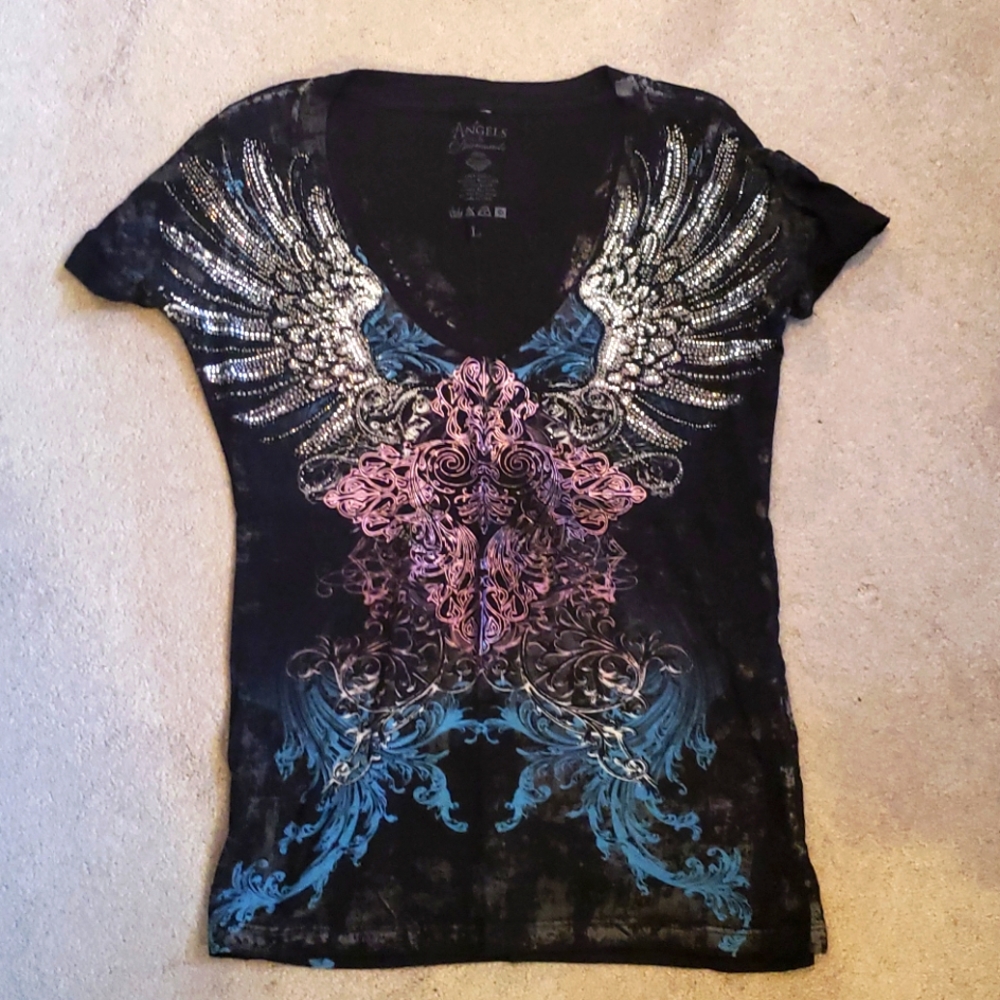 Angel's and Diamonds Womens Bling large Fitted vneck tshirt